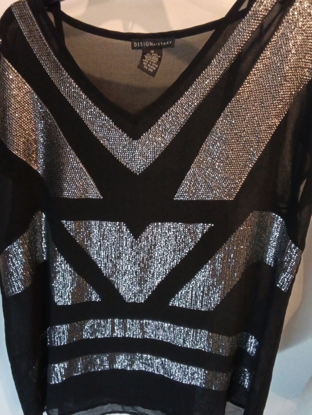 Design History Black V-Neck Sweater with Silver Stripe Accents
